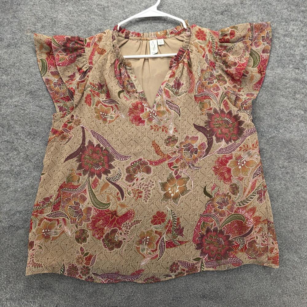 Joie Shirt Womens Medium Beige Red Floral Flutter Sleeve Split Neck Lined Boho